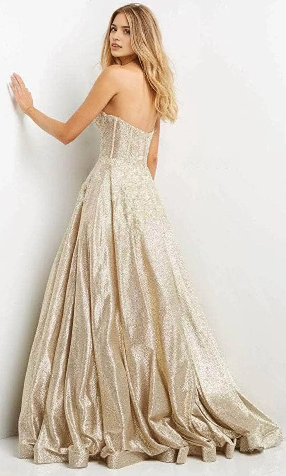 Opulent Gold - Toned Metallic Brocade Prom Dress with Strapless Corset Bodice and Ball Gown Skirt
