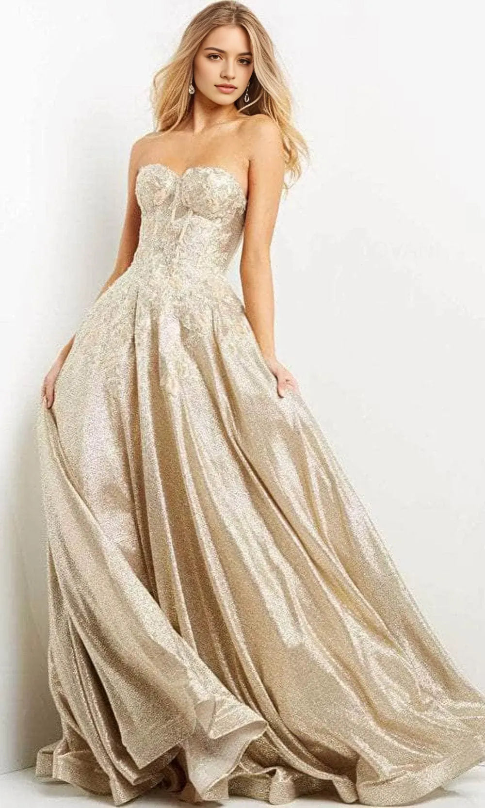 Opulent Gold - Toned Metallic Brocade Prom Dress with Strapless Corset Bodice and Ball Gown Skirt