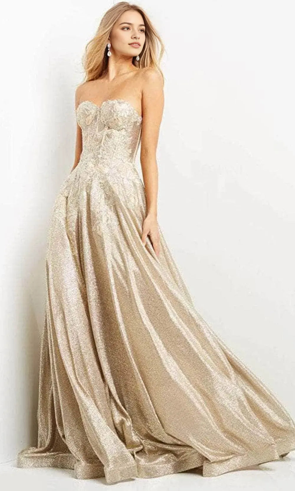 Opulent Gold - Toned Metallic Brocade Prom Dress with Strapless Corset Bodice and Ball Gown Skirt