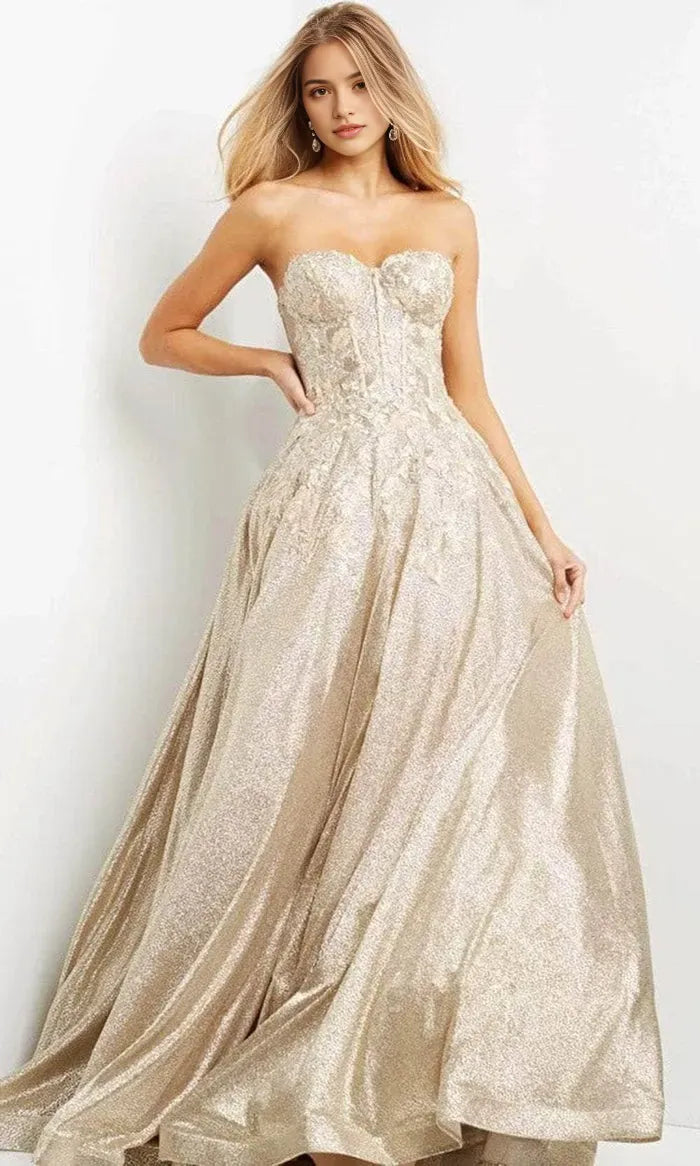 Opulent Gold - Toned Metallic Brocade Prom Dress with Strapless Corset Bodice and Ball Gown Skirt