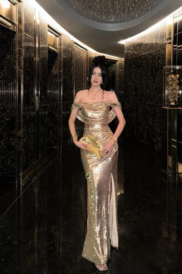 Opulent Mermaid Off-the-Shoulder Sequin Gold Floor-Length Party Dress
