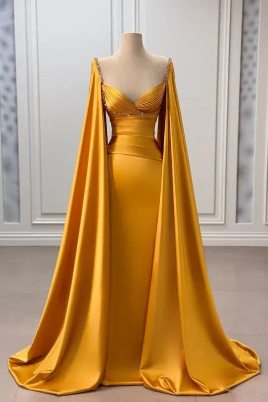 Opulent Mermaid Sweetheart Neck Cape-Sleeved Beaded Gold Maxi Prom Dress for Women Custom