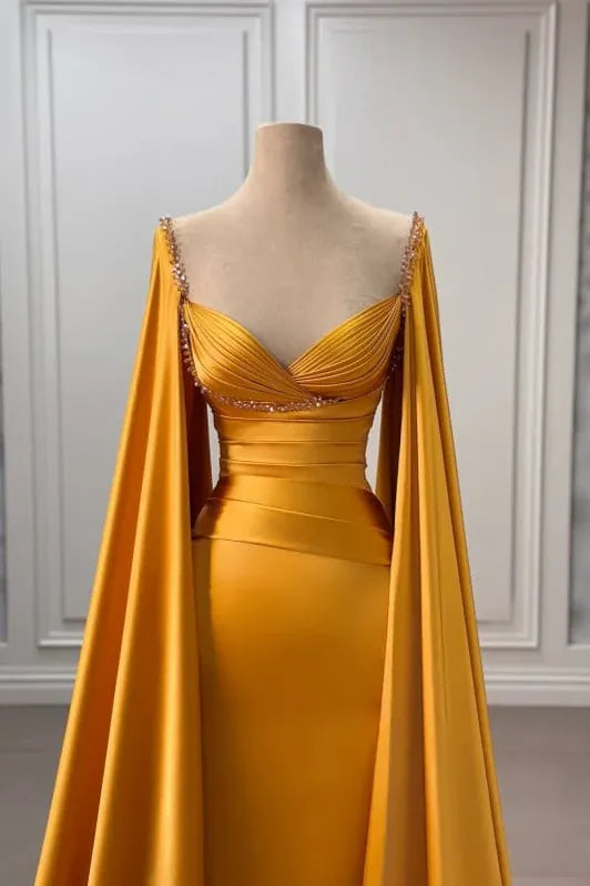 Opulent Mermaid Sweetheart Neck Cape-Sleeved Beaded Gold Maxi Prom Dress for Women Custom