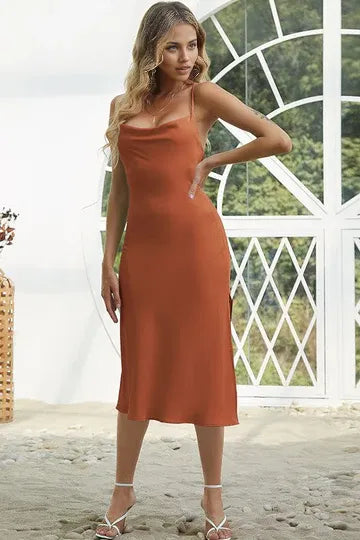 Orange Cowl Neck Bodycon Lace-Up Back Party Dress