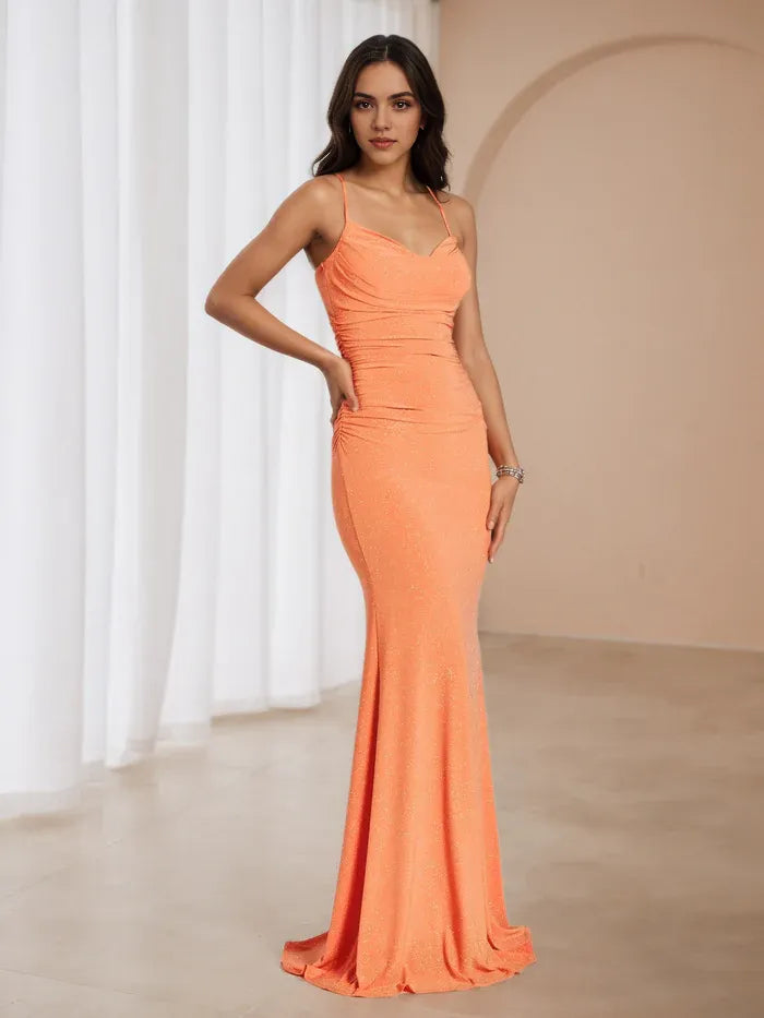Orange Glitter Mermaid Prom Dress Spaghetti Straps Ruched Bodice Vibrant Glam for Summer Dances