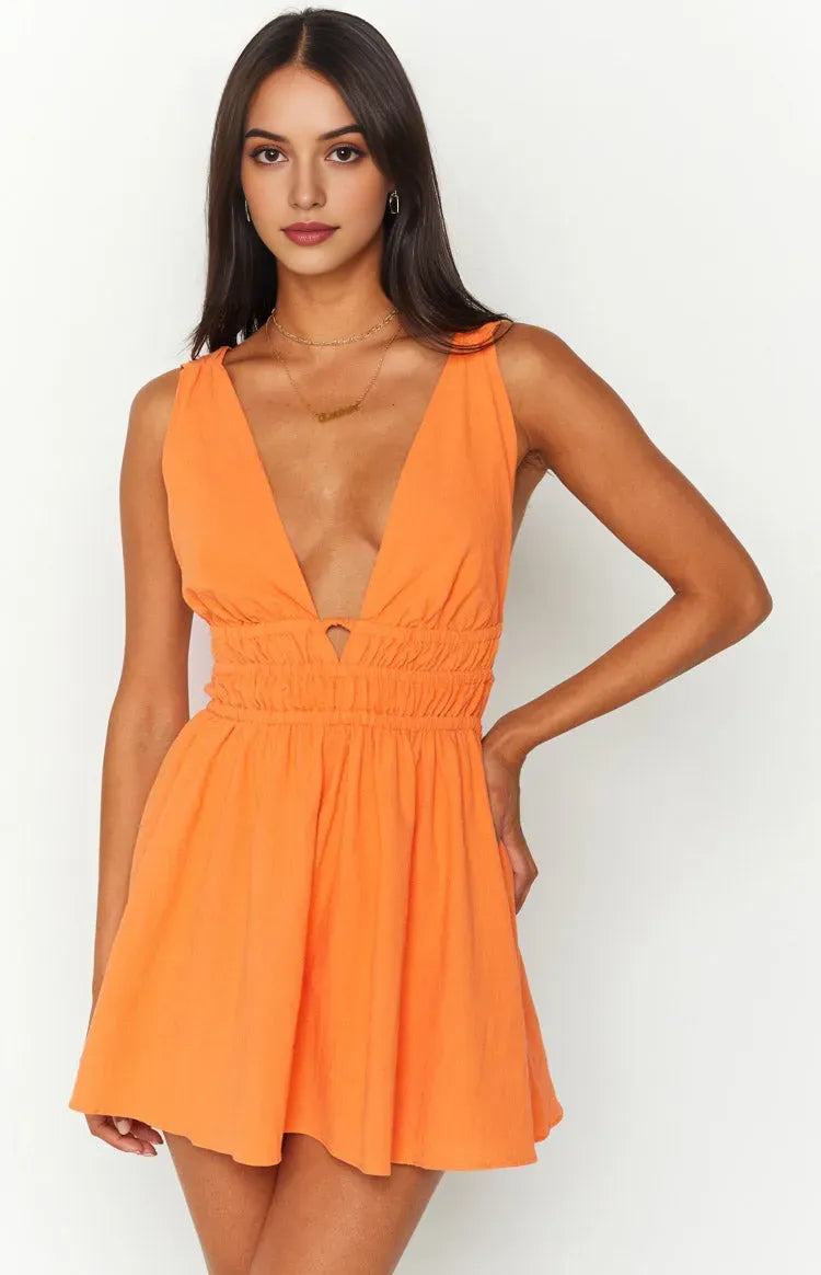 Orange Homecoming Dress Plunge Neck Style Cutout Waist Flowy Skirt for a Dazzling Appeal