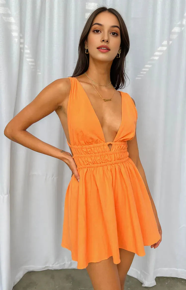 Orange Homecoming Dress Plunge Neck Style Cutout Waist Flowy Skirt for a Dazzling Appeal