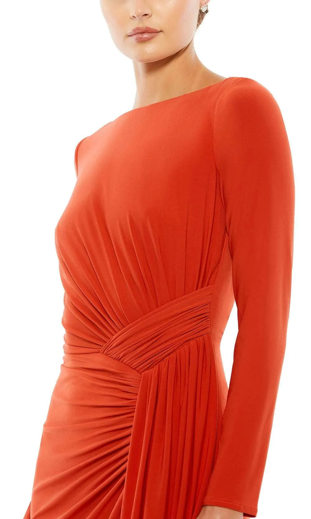 Orange Long  Sleeve Evening Dresses with Boat Neckline Intricate Ruched Bodice Asymmetric Draped Skirt and Floor  Length Silhouette for Formal
