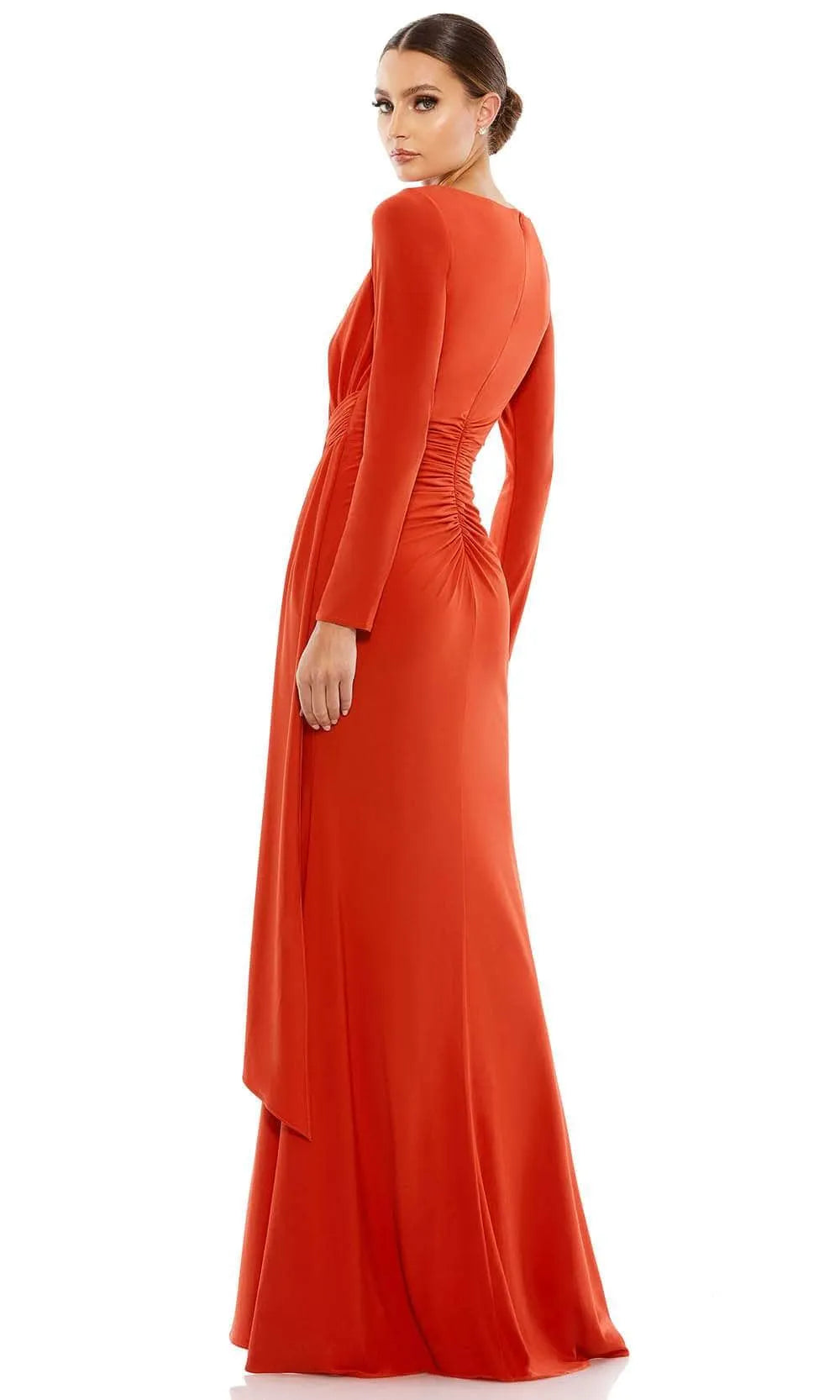 Orange Long  Sleeve Evening Dresses with Boat Neckline Intricate Ruched Bodice Asymmetric Draped Skirt and Floor  Length Silhouette for Formal
