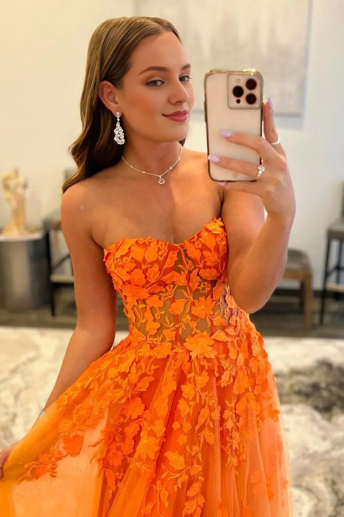 Orange Strapless Tulle Long Prom Dress with Lace A-Line Evening Dress