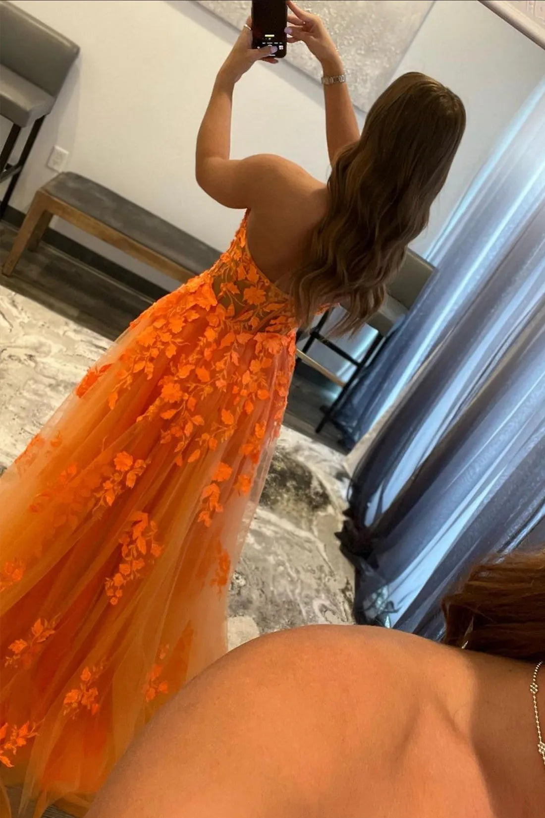 Orange Strapless Tulle Long Prom Dress with Lace A-Line Evening Dress