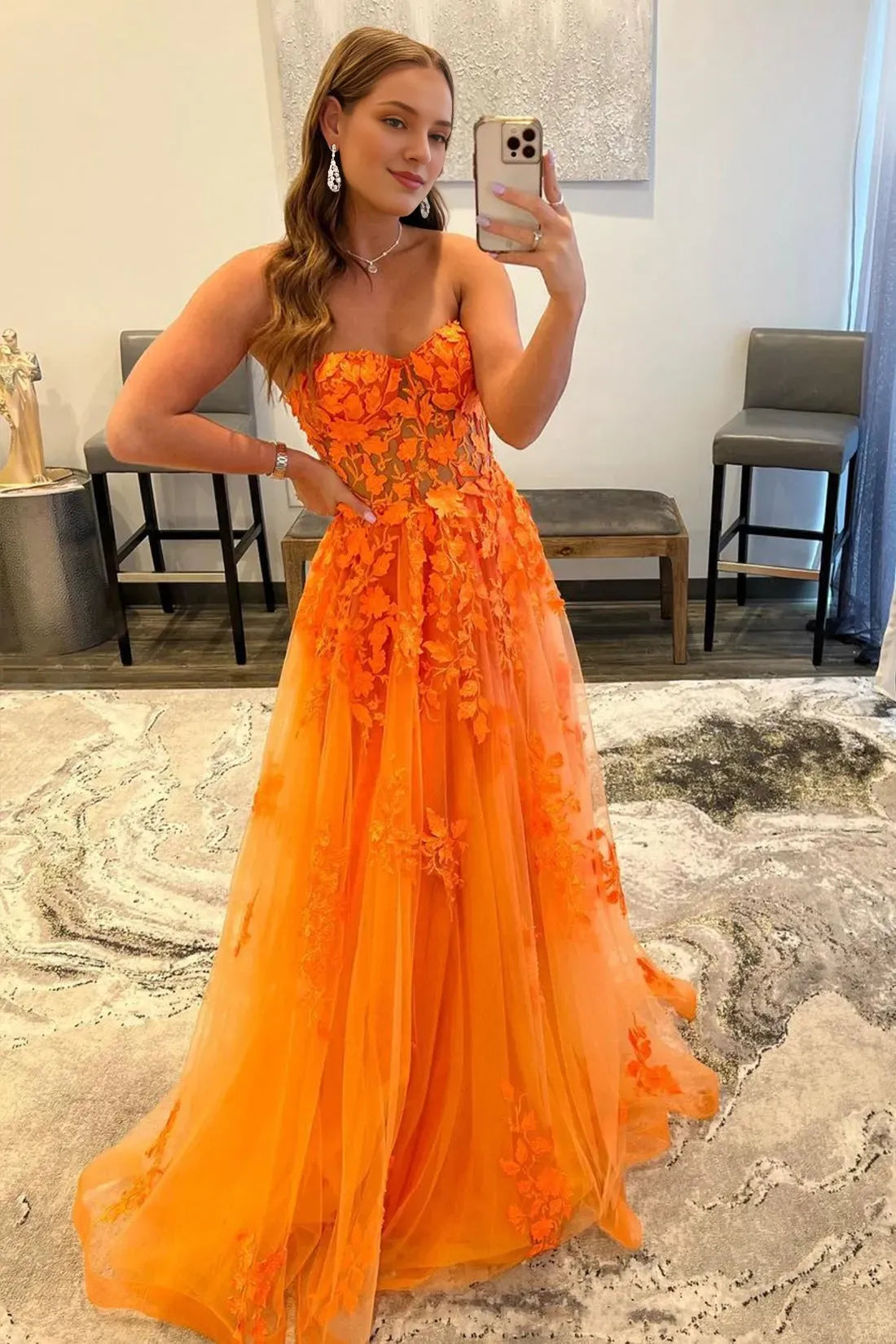 Orange Strapless Tulle Long Prom Dress with Lace A-Line Evening Dress