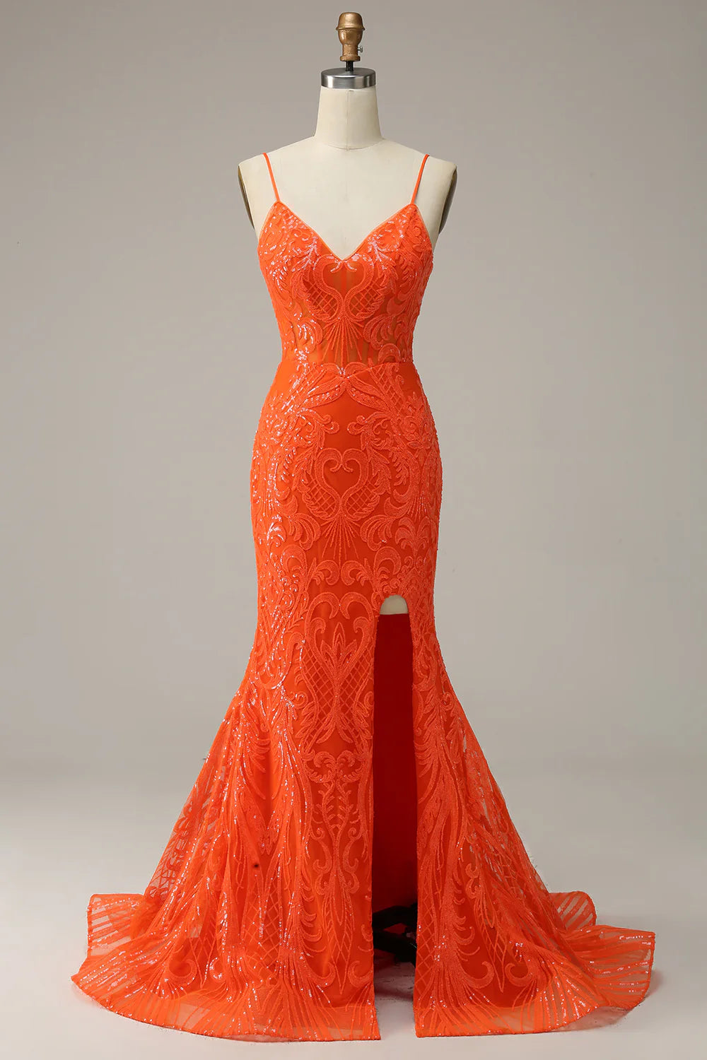 DingJiDress Mermaid Spaghetti Straps Orange Long Prom Dress with Slit Front