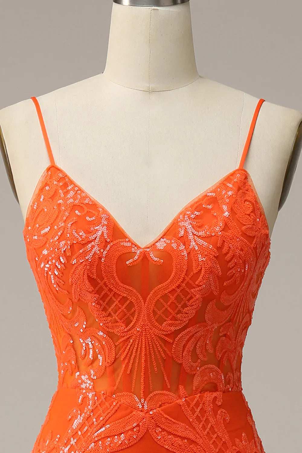 DingJiDress Mermaid Spaghetti Straps Orange Long Prom Dress with Slit Front