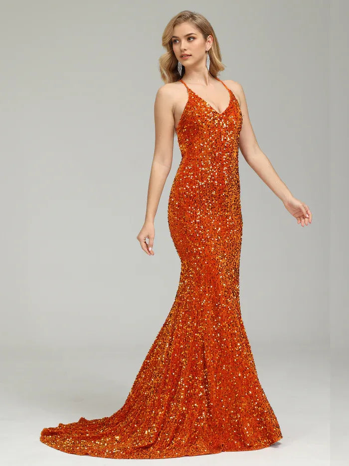 Orange long backless sequined Prom Dresses With Attached Train