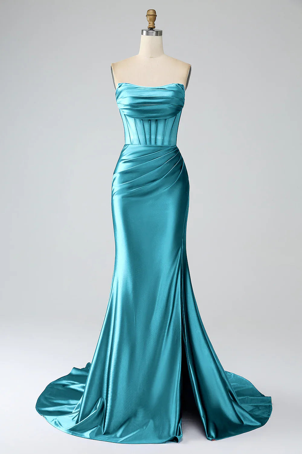 DingJiDress Red Mermaid Strapless Pleated Corset Long Prom Dress with Slit