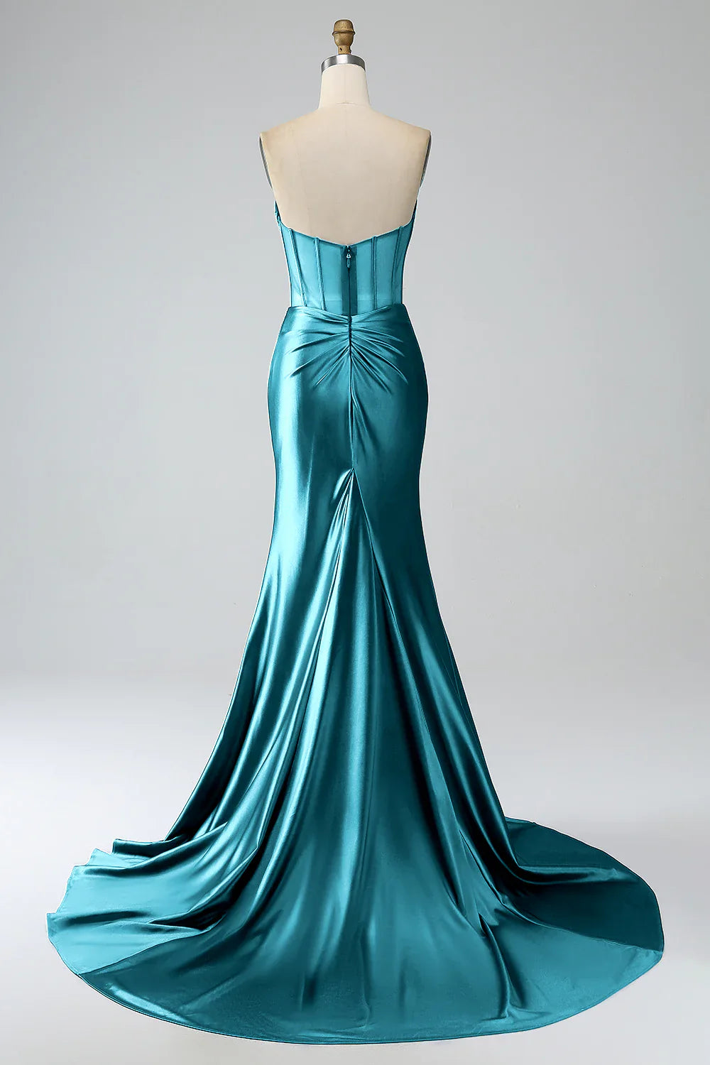 DingJiDress Red Mermaid Strapless Pleated Corset Long Prom Dress with Slit