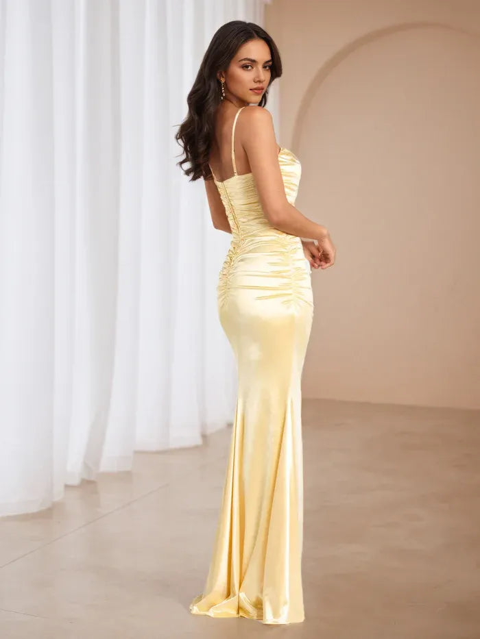Pale Yellow Crepe Like Prom Dress Spaghetti Straps Column Mermaid Skirt Understated Luxury for Minimalist Galas