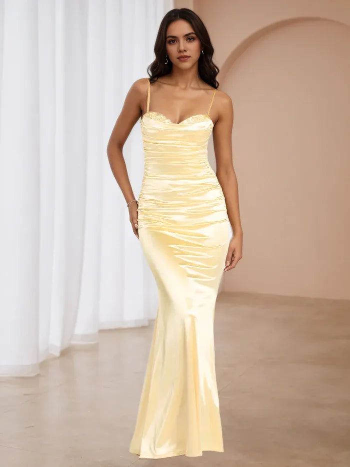 Pale Yellow Crepe Like Prom Dress Spaghetti Straps Column Mermaid Skirt Understated Luxury for Minimalist Galas