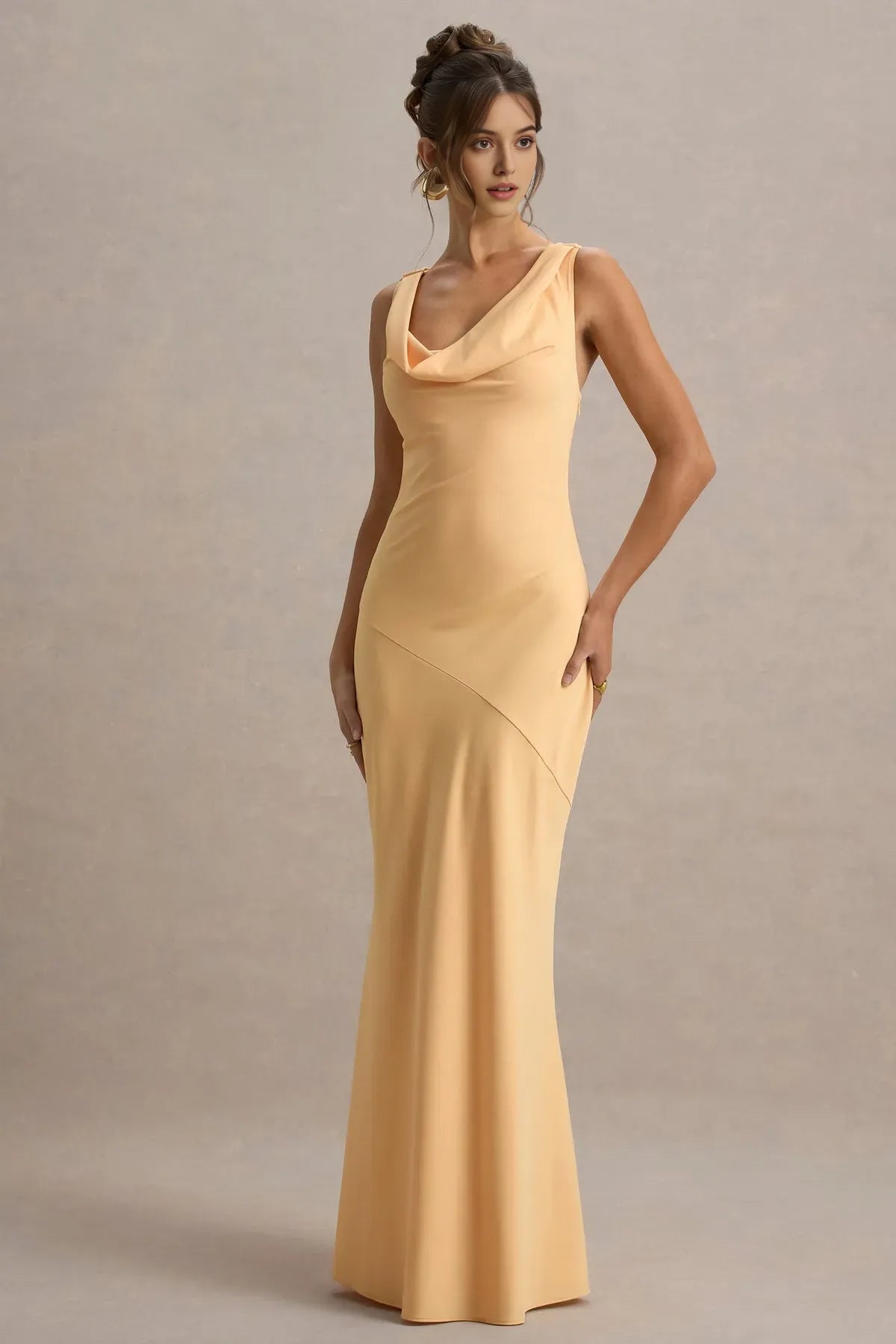 Peach Cowl Neck Prom Dress Sleeveless Body Conscious Fit  Asymmetric Seam for Sophisticated Nights