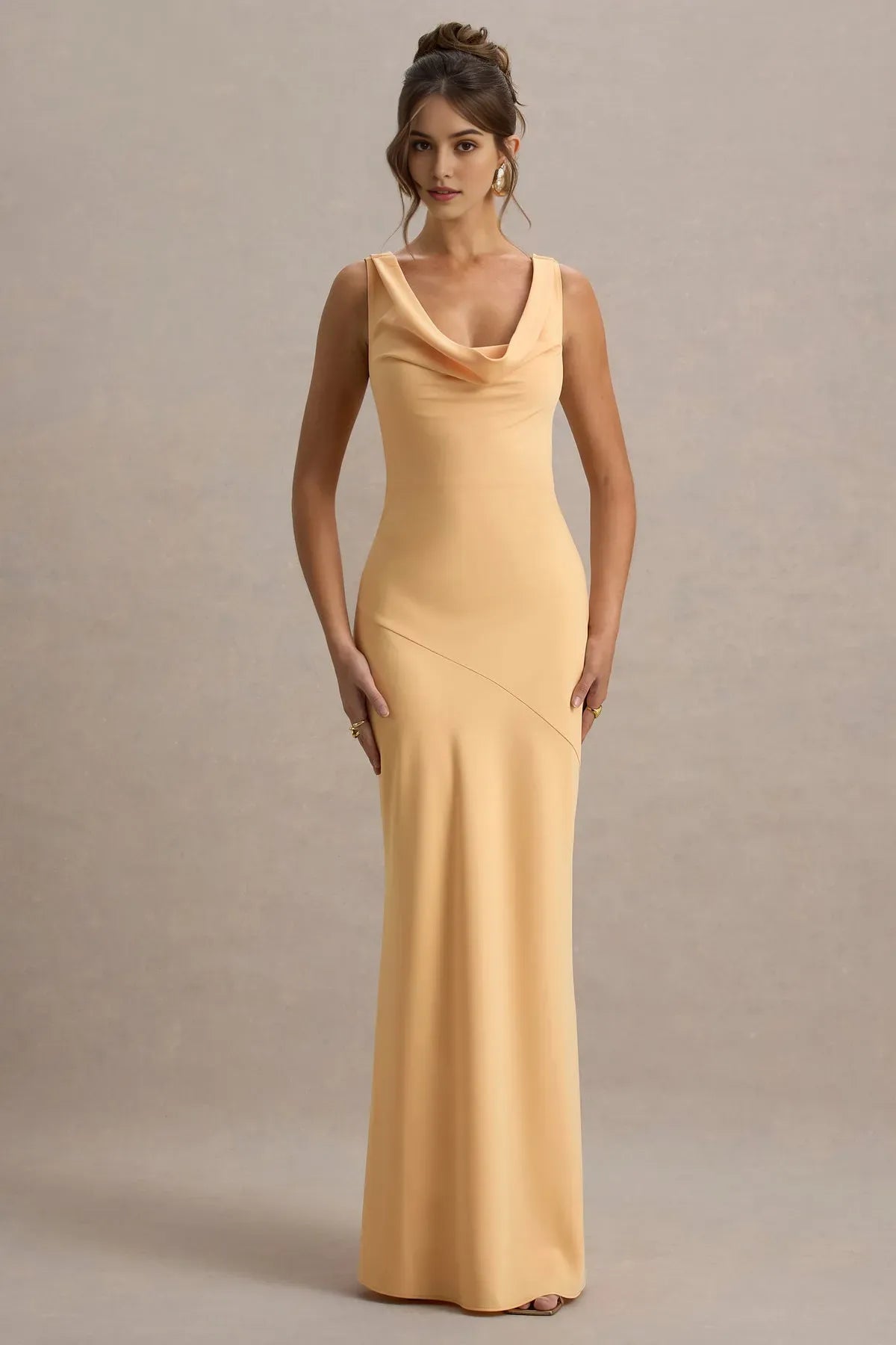 Peach Cowl Neck Prom Dress Sleeveless Body Conscious Fit  Asymmetric Seam for Sophisticated Nights