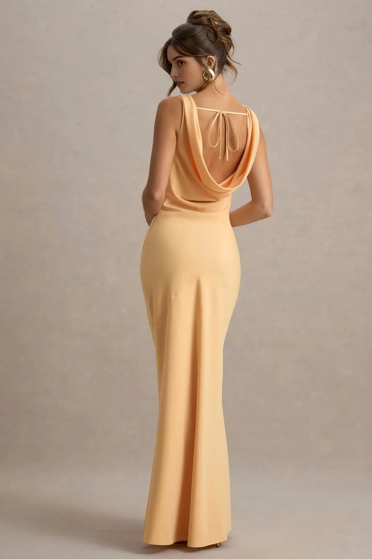 Peach Cowl Neck Prom Dress Sleeveless Body Conscious Fit  Asymmetric Seam for Sophisticated Nights