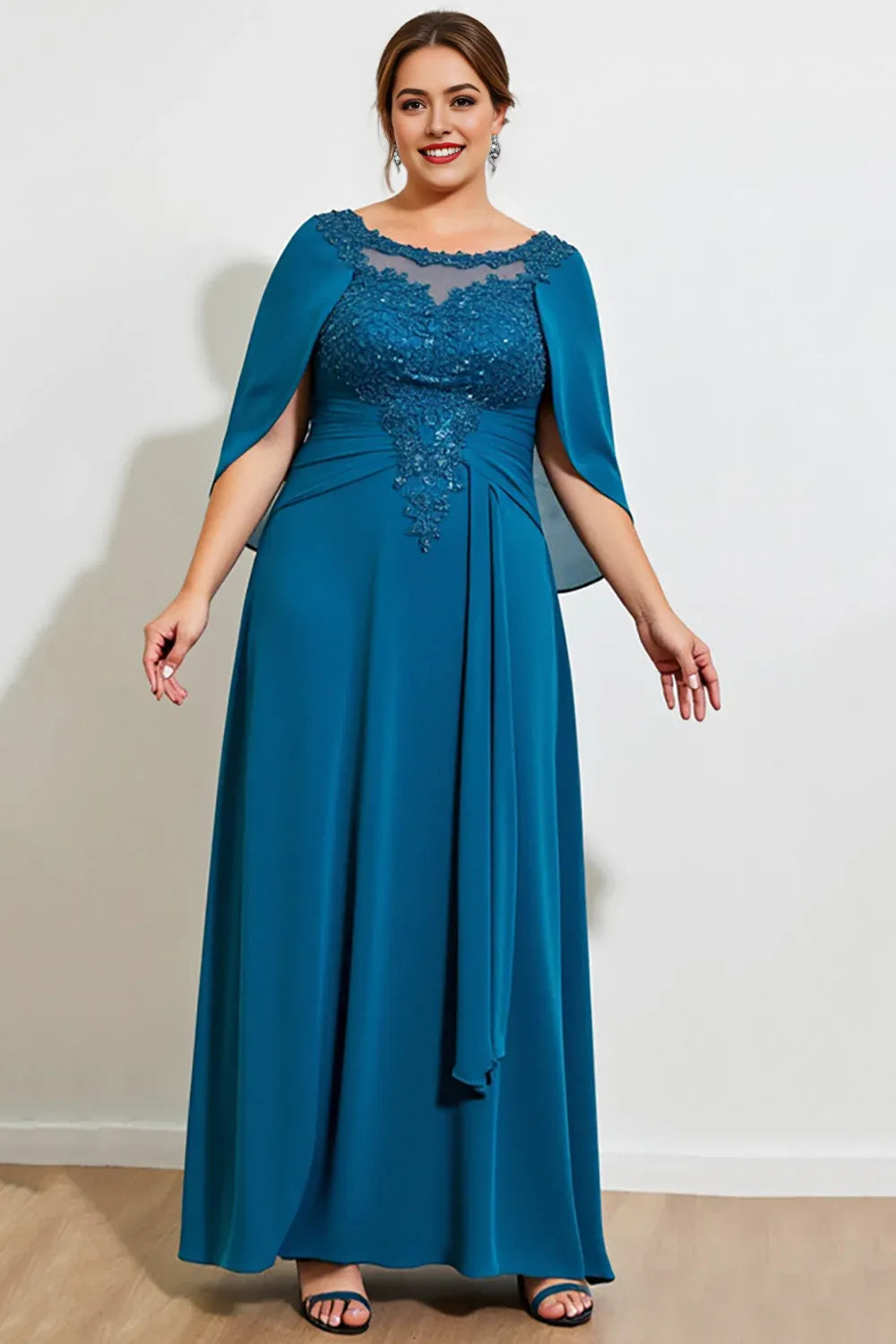 Peacock Chiffon Long Plus Size Mother of the Bride Dress with Cape