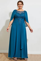 Peacock Chiffon Long Plus Size Mother of the Bride Dress with Cape
