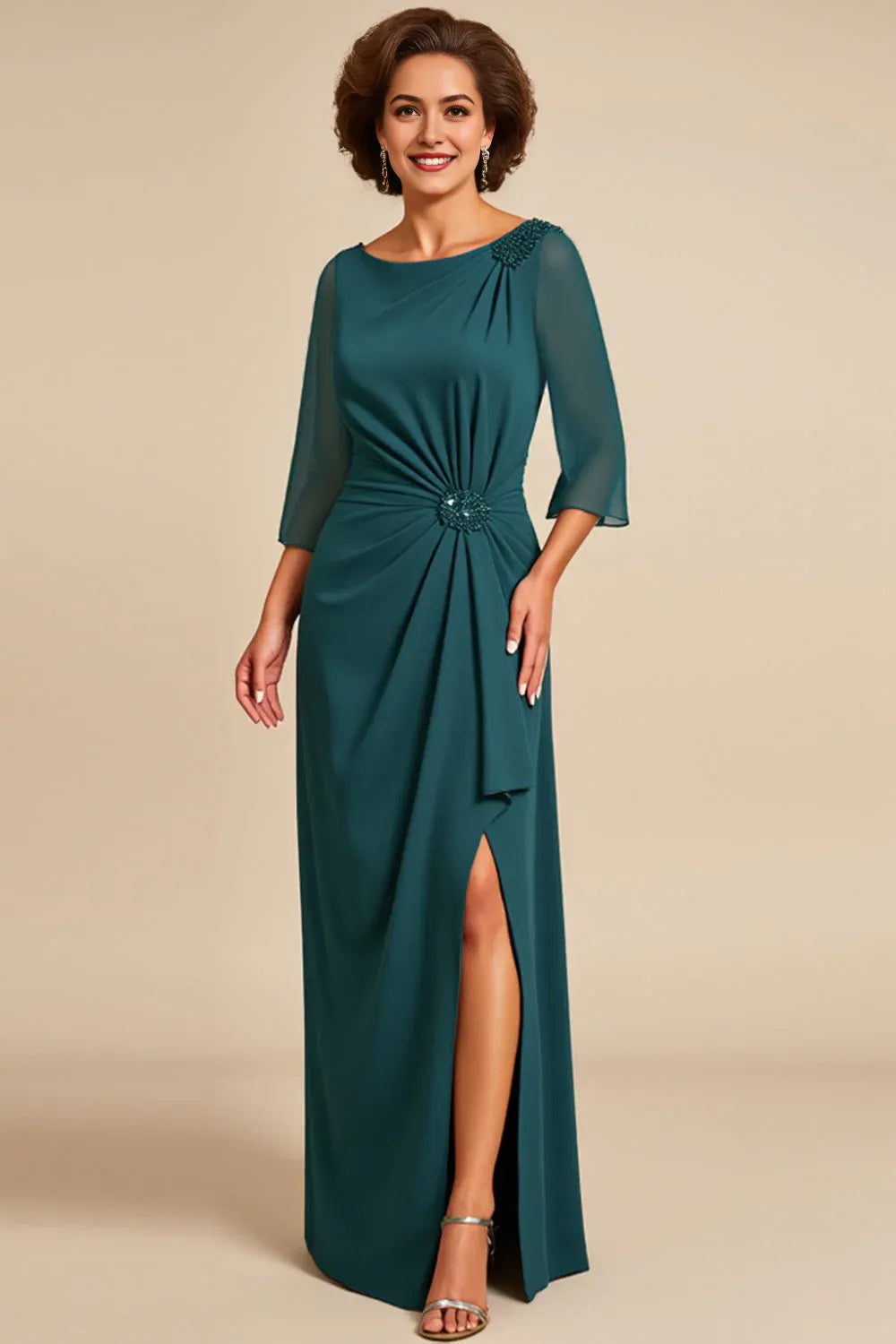 Peacock Sheath Chiffon Long Mother of the Bride Dress with Slit