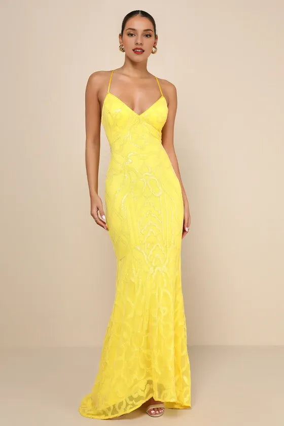 Perfect Enchantment Yellow Sequin Lace-Up Mermaid Evening Dresses