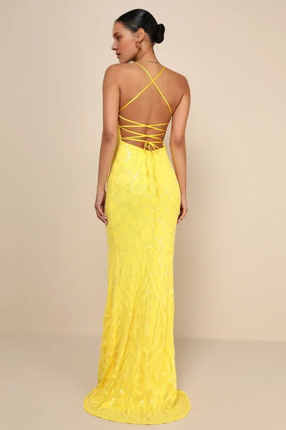 Perfect Enchantment Yellow Sequin Lace-Up Mermaid Evening Dresses