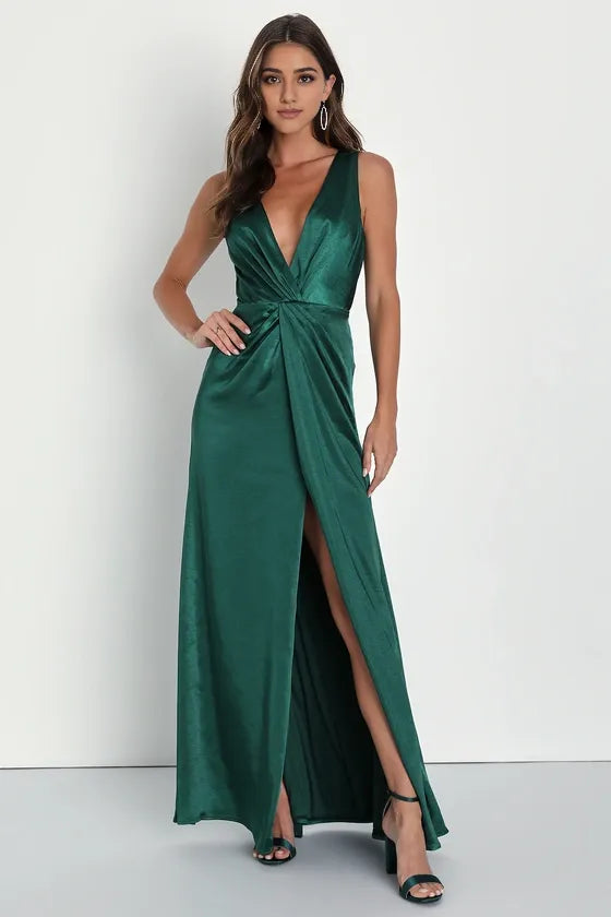 Perfect Refinement Emerald Satin Sleeveless Pleated Evening Dresses