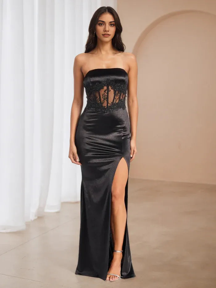 Black Strapless Velvet Prom Dress Lace - Inset Corset  Side Slit for Alluring