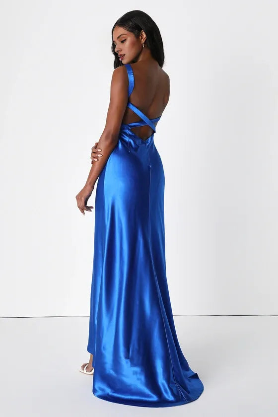 Perfectly Classy Yellow Satin Strappy Evening Dresses
