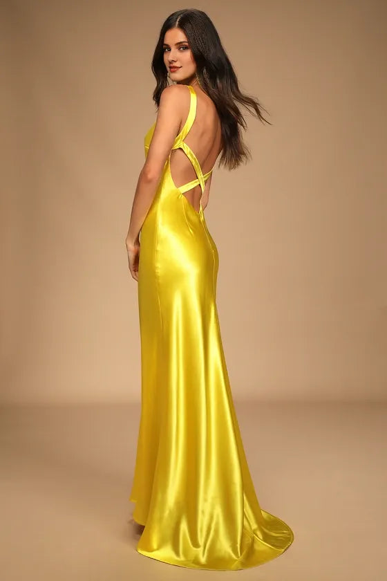 Perfectly Classy Yellow Satin Strappy Evening Dresses