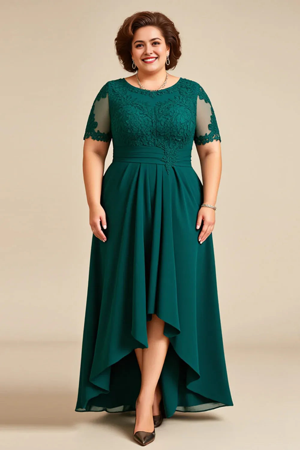 Pine Appliqued Chiffon High-Low Mother of the Bride Dress