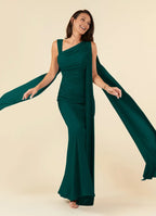Pine Mermaid Pleated Chiffon Mother of the Bride Dress with One - Shoulder Draped Sash Sleeves Ruched Bodice
