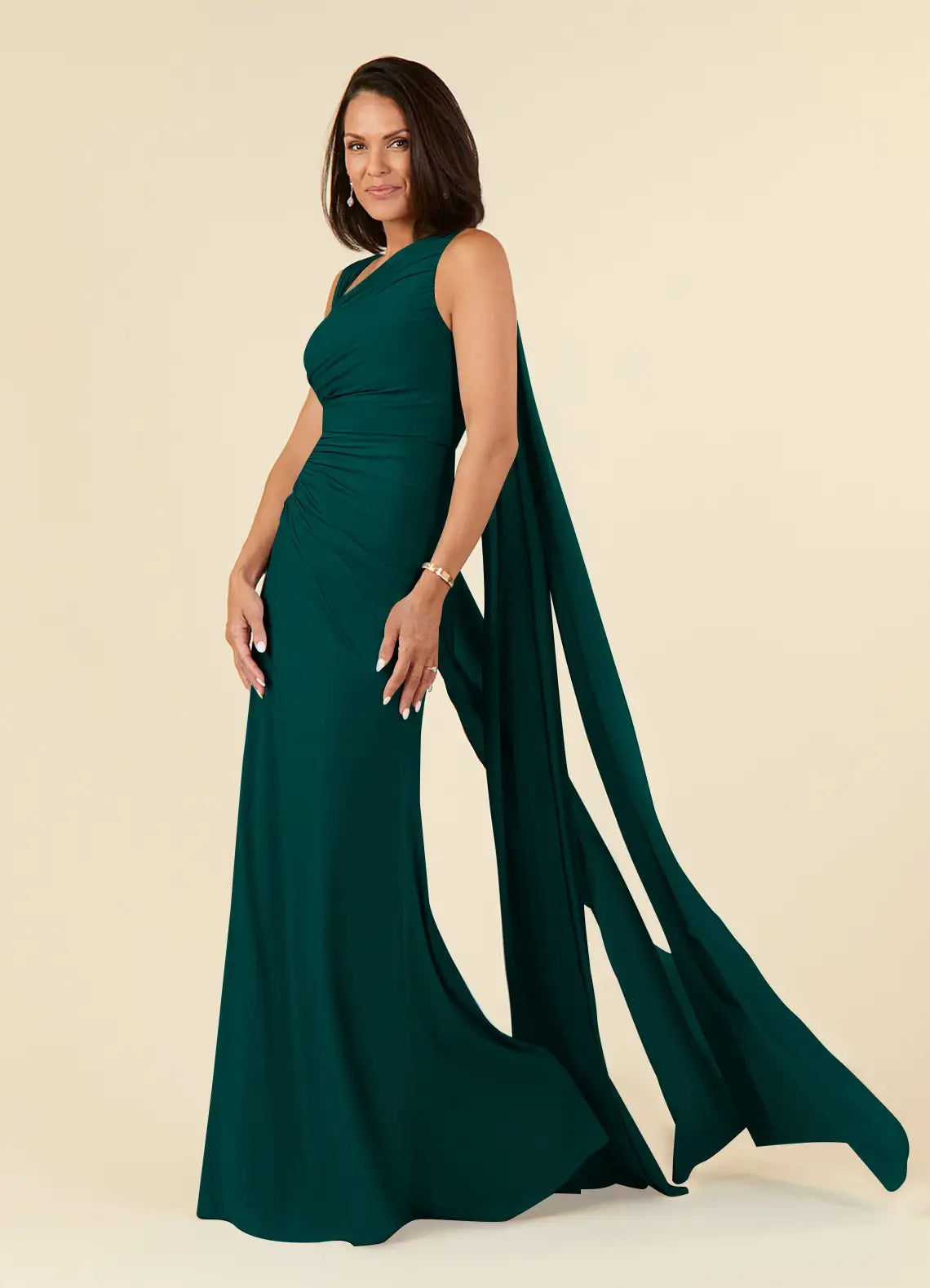 Pine Mermaid Pleated Chiffon Mother of the Bride Dress with One - Shoulder Draped Sash Sleeves Ruched Bodice