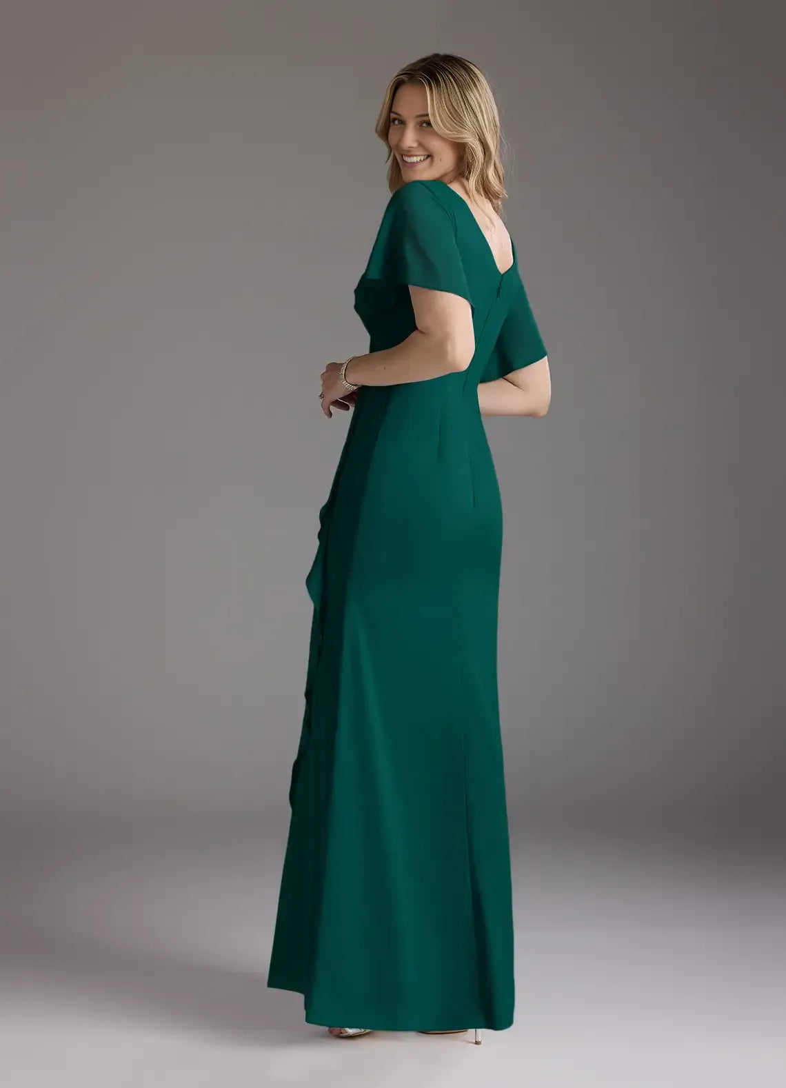 Pine Mermaid V-Neck Pleated Chiffon Mother of the Bride Dress with Flutter Sleeves Ruched  Bodice Asymmetric