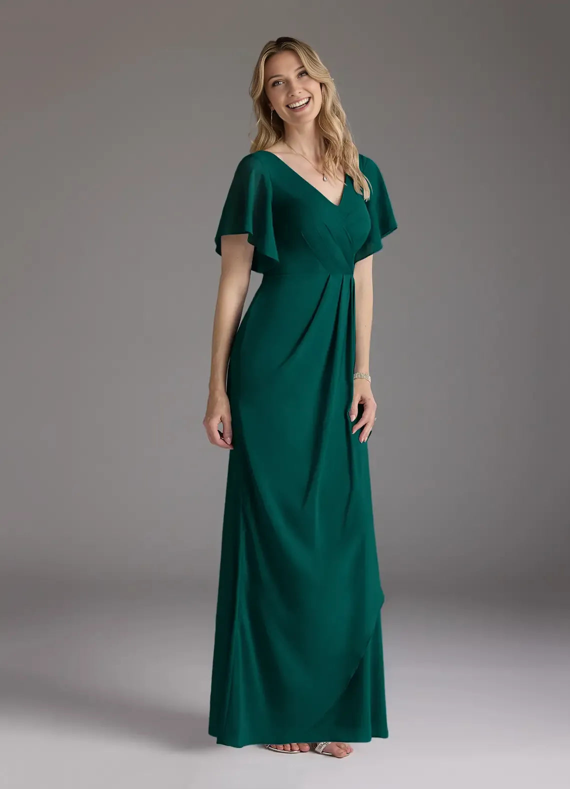 Pine Mermaid V-Neck Pleated Chiffon Mother of the Bride Dress with Flutter Sleeves Ruched  Bodice Asymmetric