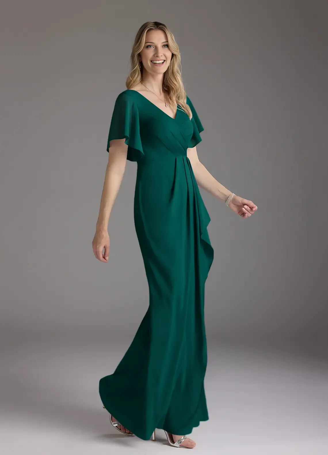 Pine Mermaid V-Neck Pleated Chiffon Mother of the Bride Dress with Flutter Sleeves Ruched  Bodice Asymmetric