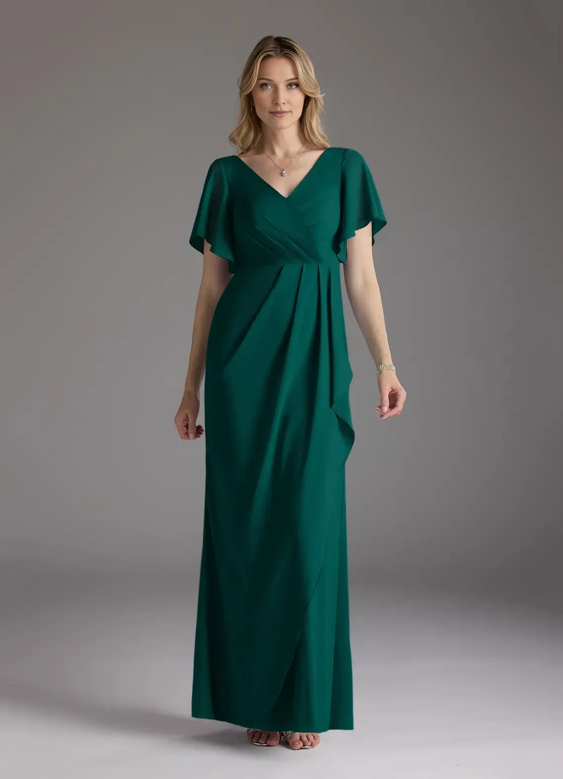 Pine Mermaid V-Neck Pleated Chiffon Mother of the Bride Dress with Flutter Sleeves Ruched  Bodice Asymmetric