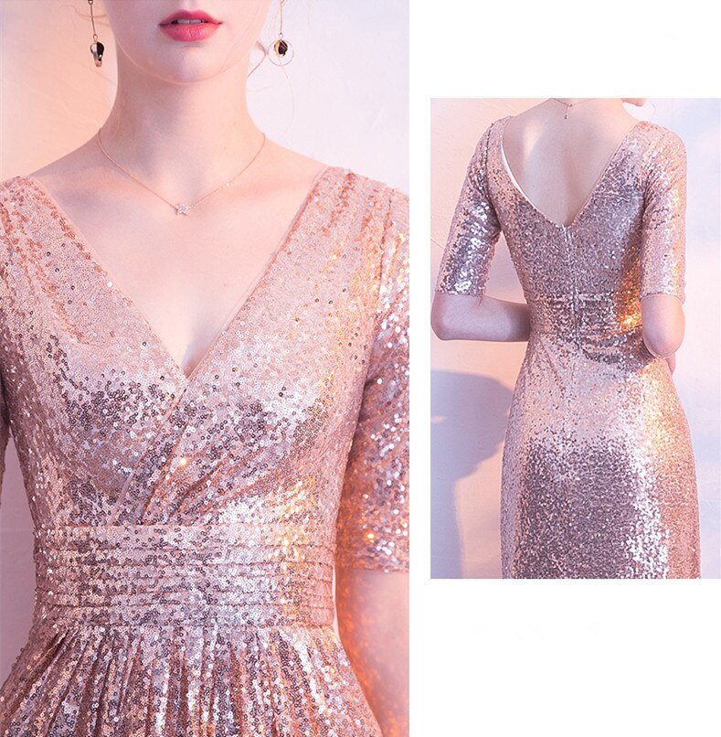 DingJiDress A Line Sequin V Neck V Back Sleeveless Pink Short Sleeves Evening Prom Dresses