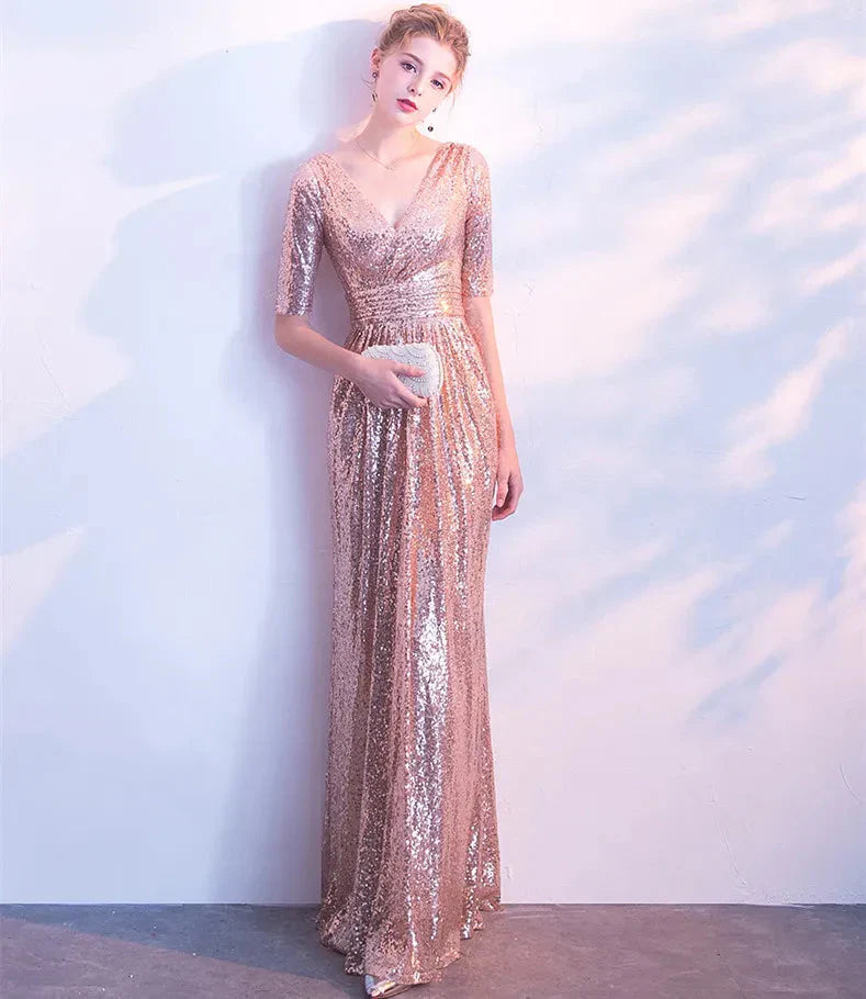 DingJiDress A Line Sequin V Neck V Back Sleeveless Pink Short Sleeves Evening Prom Dresses