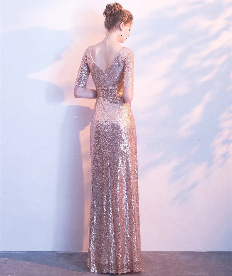 DingJiDress A Line Sequin V Neck V Back Sleeveless Pink Short Sleeves Evening Prom Dresses
