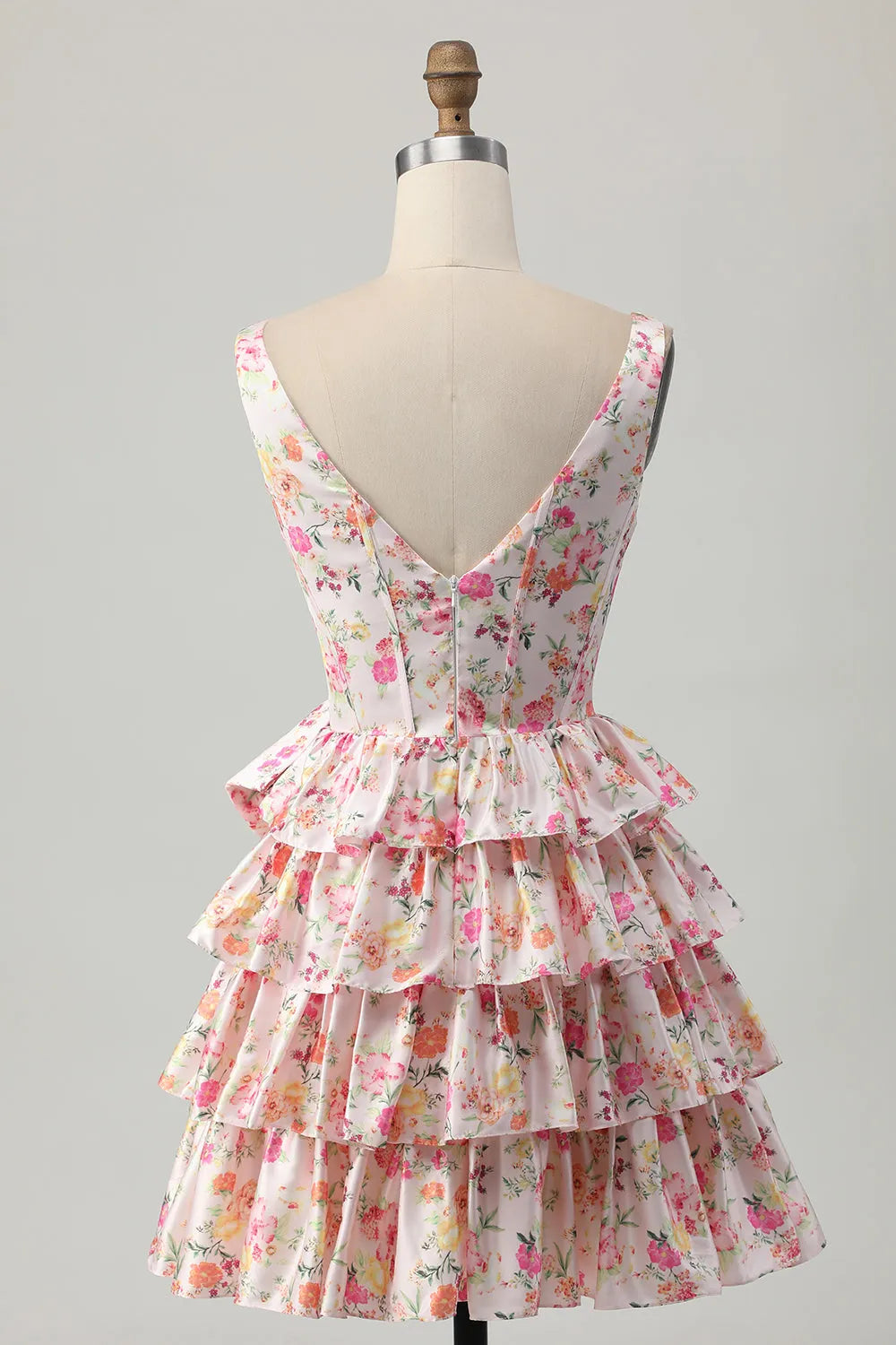 Pink A Line Tiered Floral Short Corset Homecoming Dress with Bow