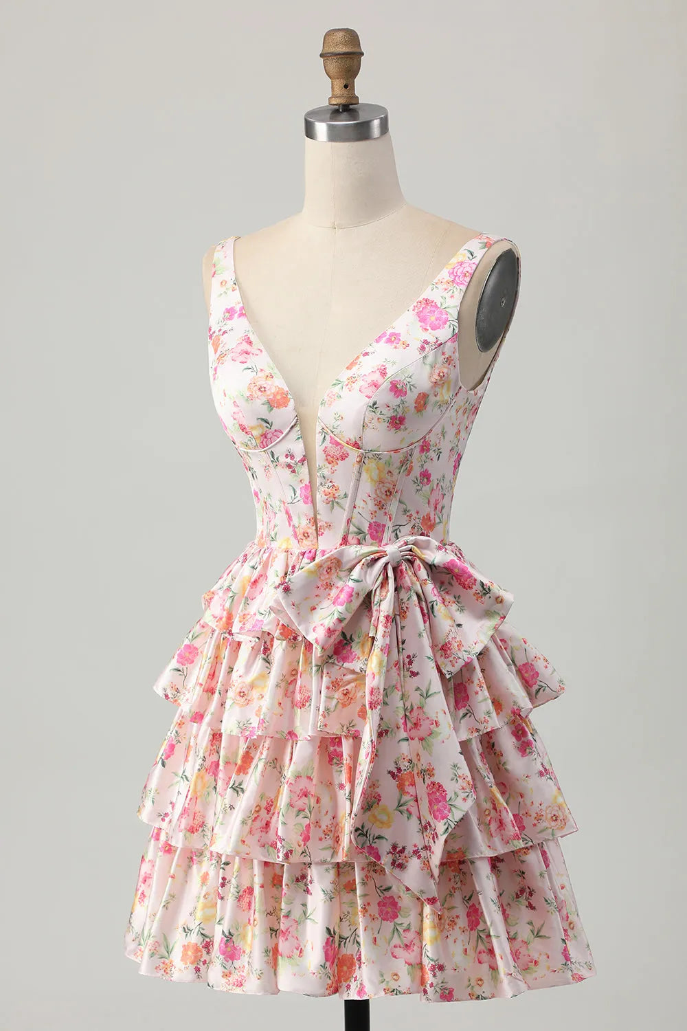 Pink A Line Tiered Floral Short Corset Homecoming Dress with Bow
