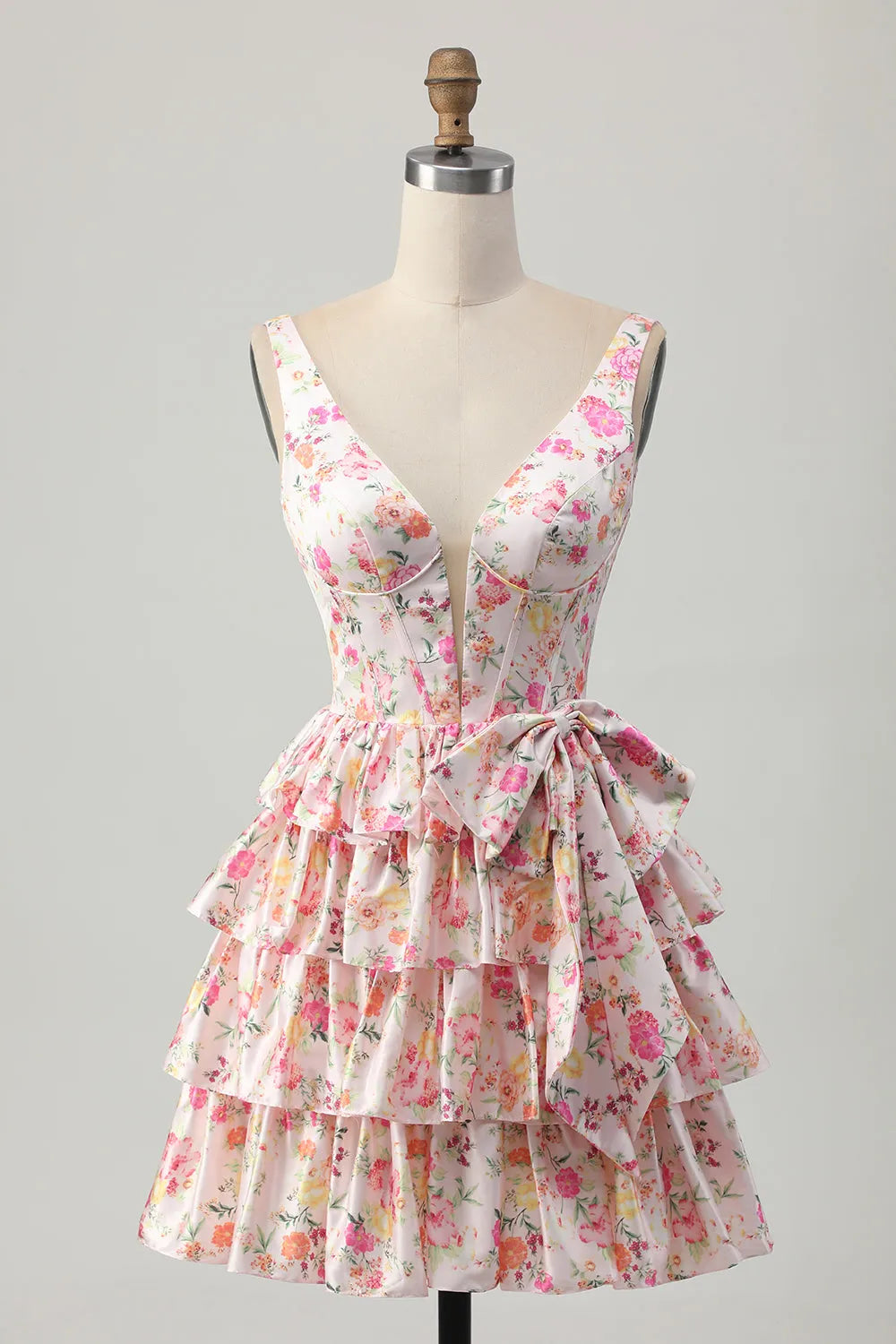Pink A Line Tiered Floral Short Corset Homecoming Dress with Bow