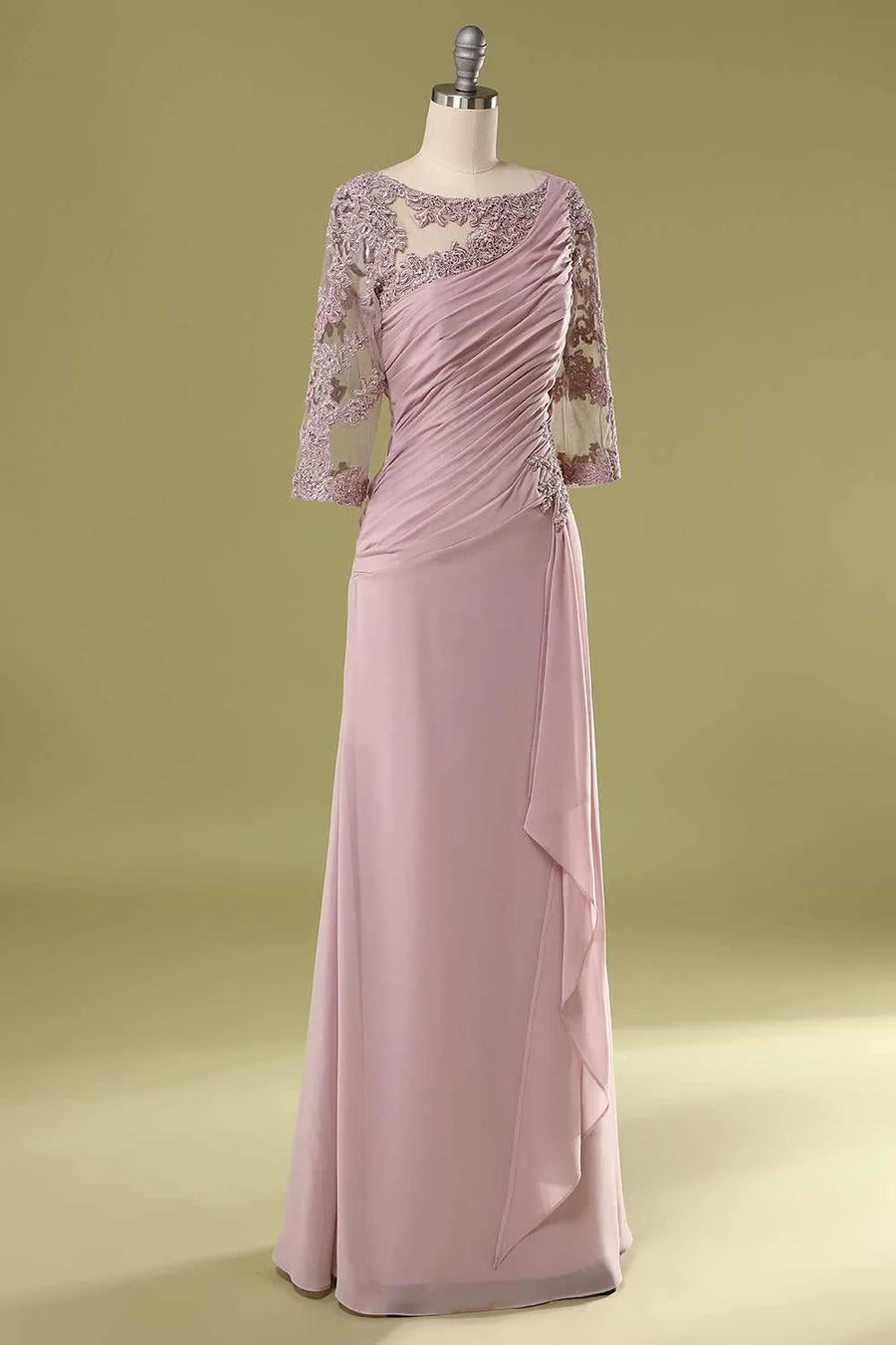 Pink Asymmetrical Half Sleeve Ruffled Mother of the Bride Dress