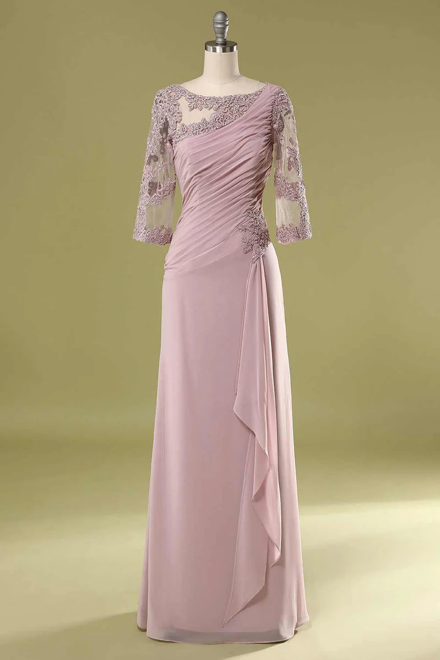 Pink Asymmetrical Half Sleeve Ruffled Mother of the Bride Dress